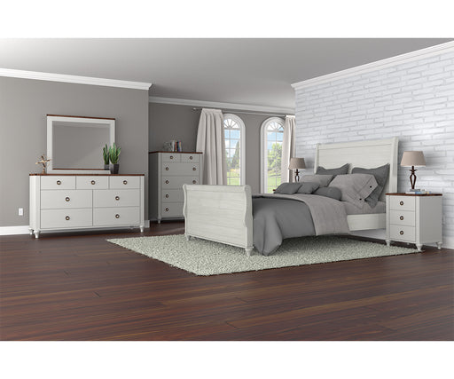 Amish Alcan Bedroom Set shown in two toned with a brown maple painted base and a ruff sawn white oak top with FC-10944 Finish