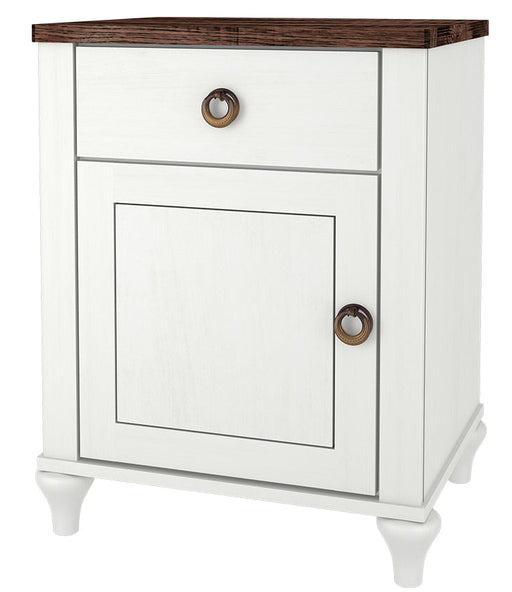 Amish Alcan one Drawer One Door Nightstand shown in two toned with a brown maple painted base and a ruff sawn white oak top with FC-10944 Finish