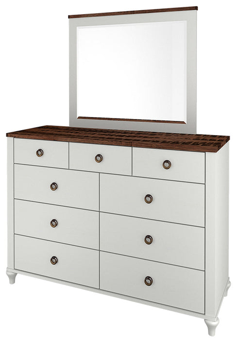 Amish Alcan high Dresser shown in two toned with a brown maple painted base and a ruff sawn white oak top with FC-10944 Finish