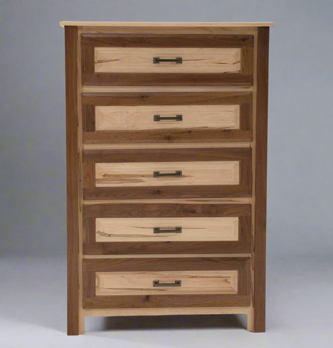 Amish Wormy Maple and Rustic Walnut Bedroom Chest of Drawers Front Facing