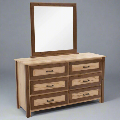 Amish Wormy Maple and Rustic Walnut Bedroom Dresser with Mirror Front Facing