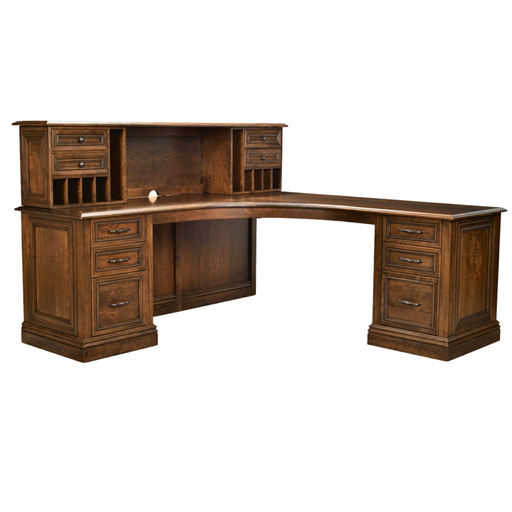 A dark brown wooden L-shaped desk with a hutch, featuring multiple drawers, open shelving, and a curved front desk surface, shown against a plain white background.