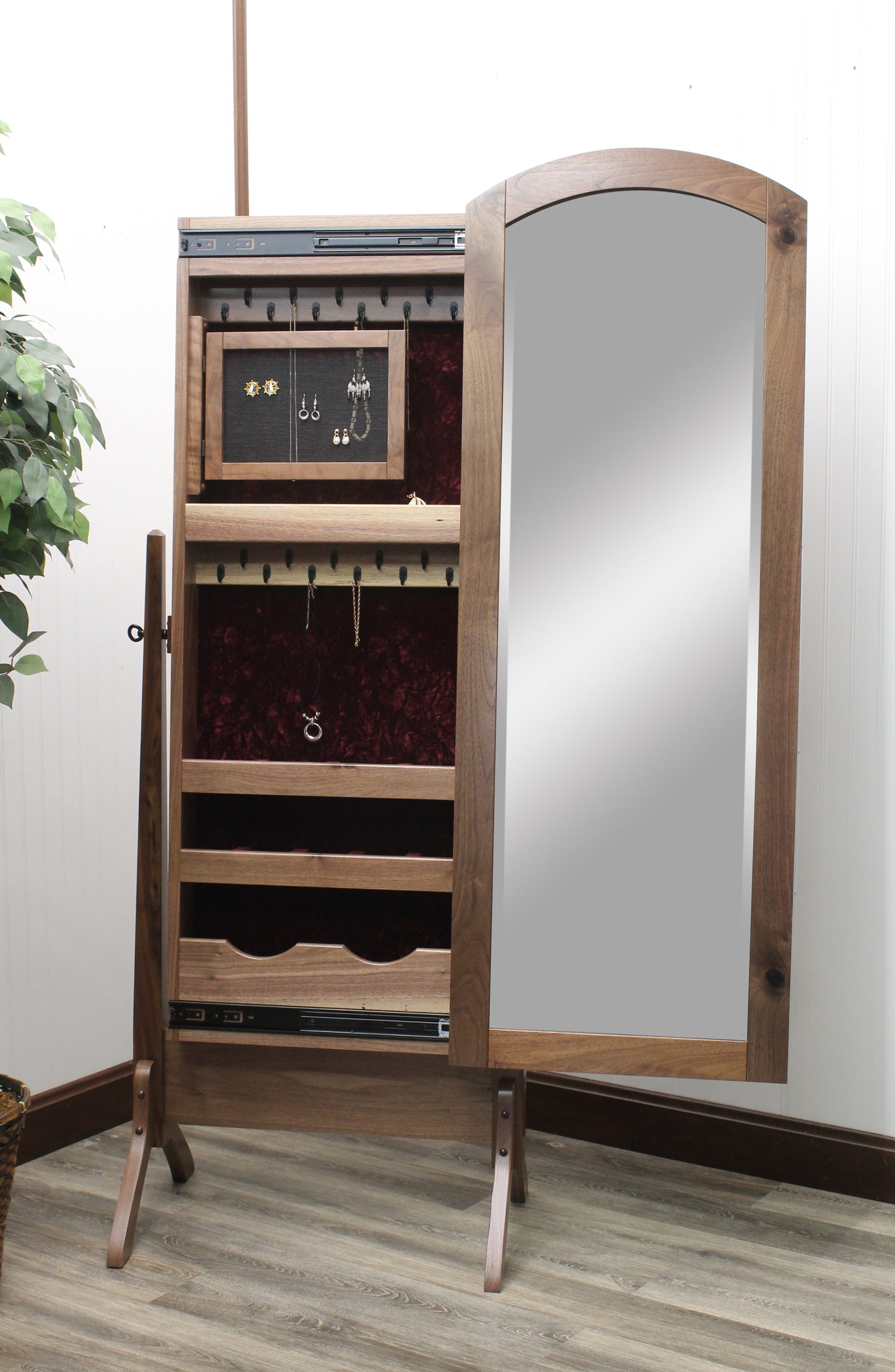Amish Antique Shaker Jewelry Cheval Mirror
- Sliding Mirror (Slides To The Right Standard)
- Hinged Earring Door (Not Shown)
- 11 Hook Necklace Board
- 1st Shelf: 3 Ring Slots
- 2nd Shelf: 3 Dividers
- 3rd Shelf: 4 Dividers
- Bottom Shelf: 1 Divider