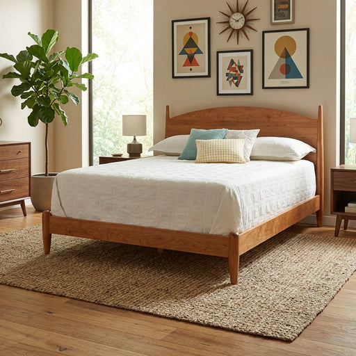 A mid-century modern wooden bed frame with a curved headboard and tapered legs, shown with white bedding and decorative pillows on a white background.