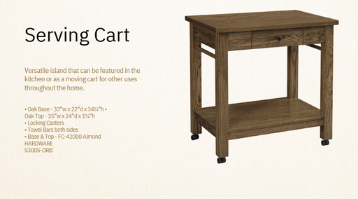 Amish Asheville Serving Cart Island - Solid Oak Amish Island Cart - Amish Island on Casters - Catalog Photo