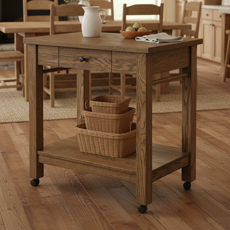 Amish Asheville Serving Cart Island - Solid Oak Amish Island Cart - Amish Island on Casters - In-Room Photo