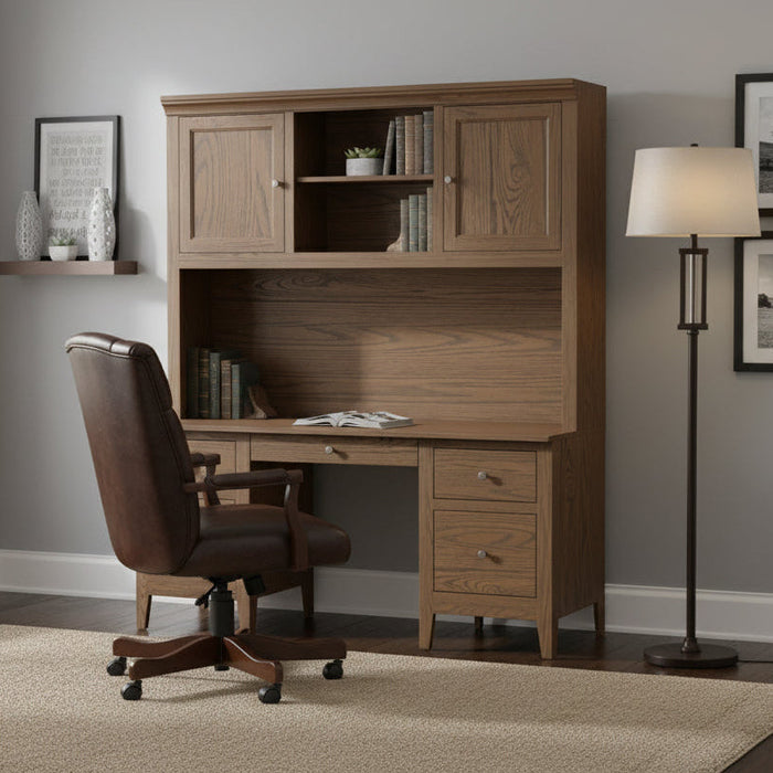 Amish Ashton Double Pedestal Desk Credenza with Hutch Top FC 42000 Almond on Oak