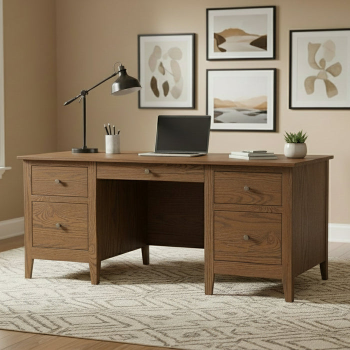 Amish Ashton Executive Desk with Finished Back Lamb Woodworking Quick Ship Desk Oak FC42000 Almond on Oak 