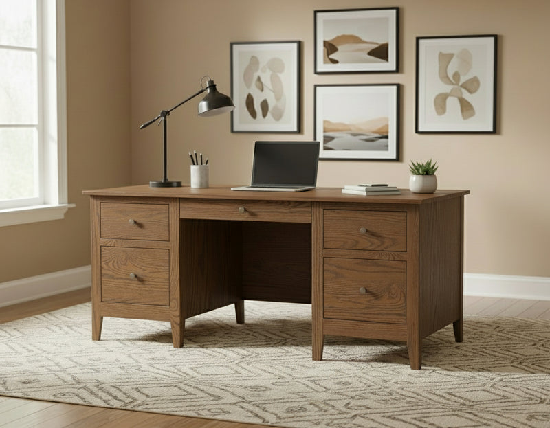 Amish Ashton Executive Desk with Finished Back Lamb Woodworking Quick Ship Desk Oak FC42000 Almond on Oak 