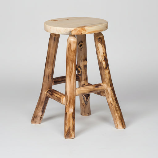 An Aspen Log Bar Stool with a natural stain finish, featuring a circular wooden seat and four wooden legs, against a white background.