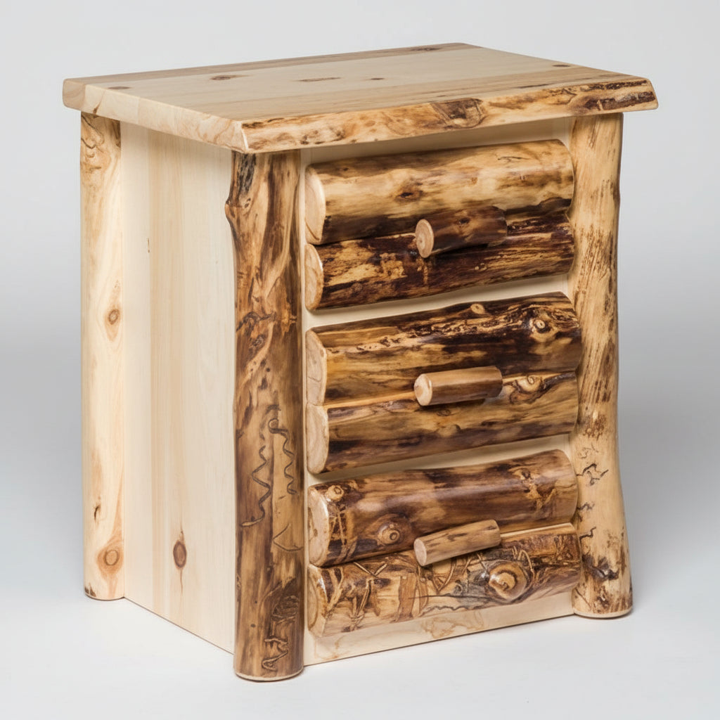 Aspen Log Nightstand with 3 Drawers Natural Colorado Aspen Log Wood Cabin Style Nightstand Front Facing