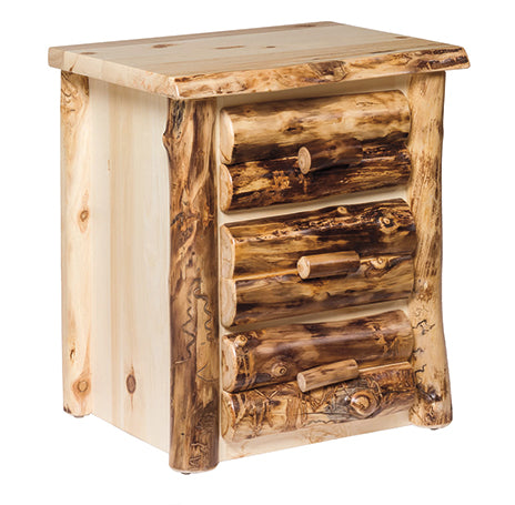 Aspen Log Nightstand with 3 Drawers Natural Colorado Aspen Log Wood Cabin Style Nightstand Front Facing