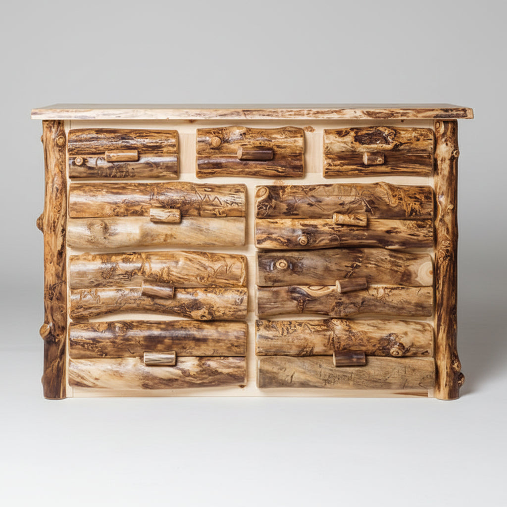 Aspen Log 9 Drawer Dresser Natural Colorado Aspen Log Cabin Style Dresser Front Facing