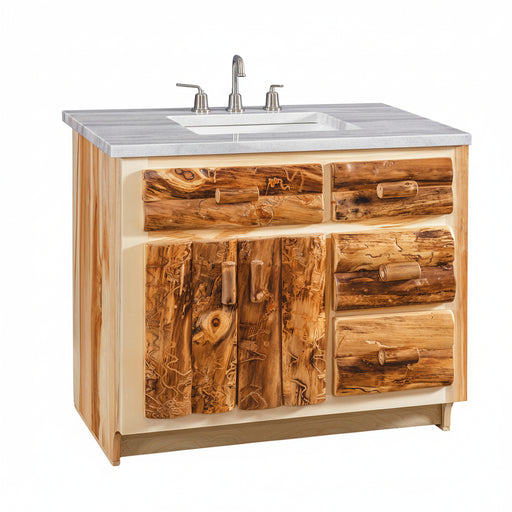 A rustic wood bathroom vanity cabinet with a white marble countertop and an integrated white sink, featuring natural log-style drawer fronts and handles on a white background.