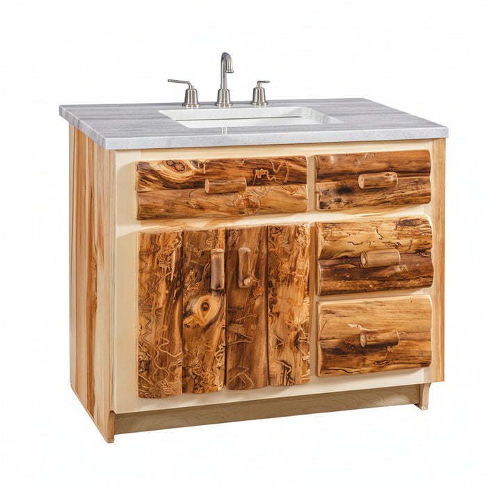 A rustic wood bathroom vanity cabinet with a white marble countertop and an integrated white sink, featuring natural log-style drawer fronts and handles on a white background.