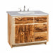 A rustic wood bathroom vanity cabinet with a white marble countertop and an integrated white sink, featuring natural log-style drawer fronts and handles on a white background.