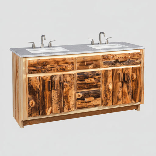 A rustic double-sink bathroom vanity cabinet made from natural log-style wood panels, featuring a gray stone-look countertop with two white undermount sinks and chrome faucets, shown on a plain white background.