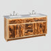 A rustic double-sink bathroom vanity cabinet made from natural log-style wood panels, featuring a gray stone-look countertop with two white undermount sinks and chrome faucets, shown on a plain white background.