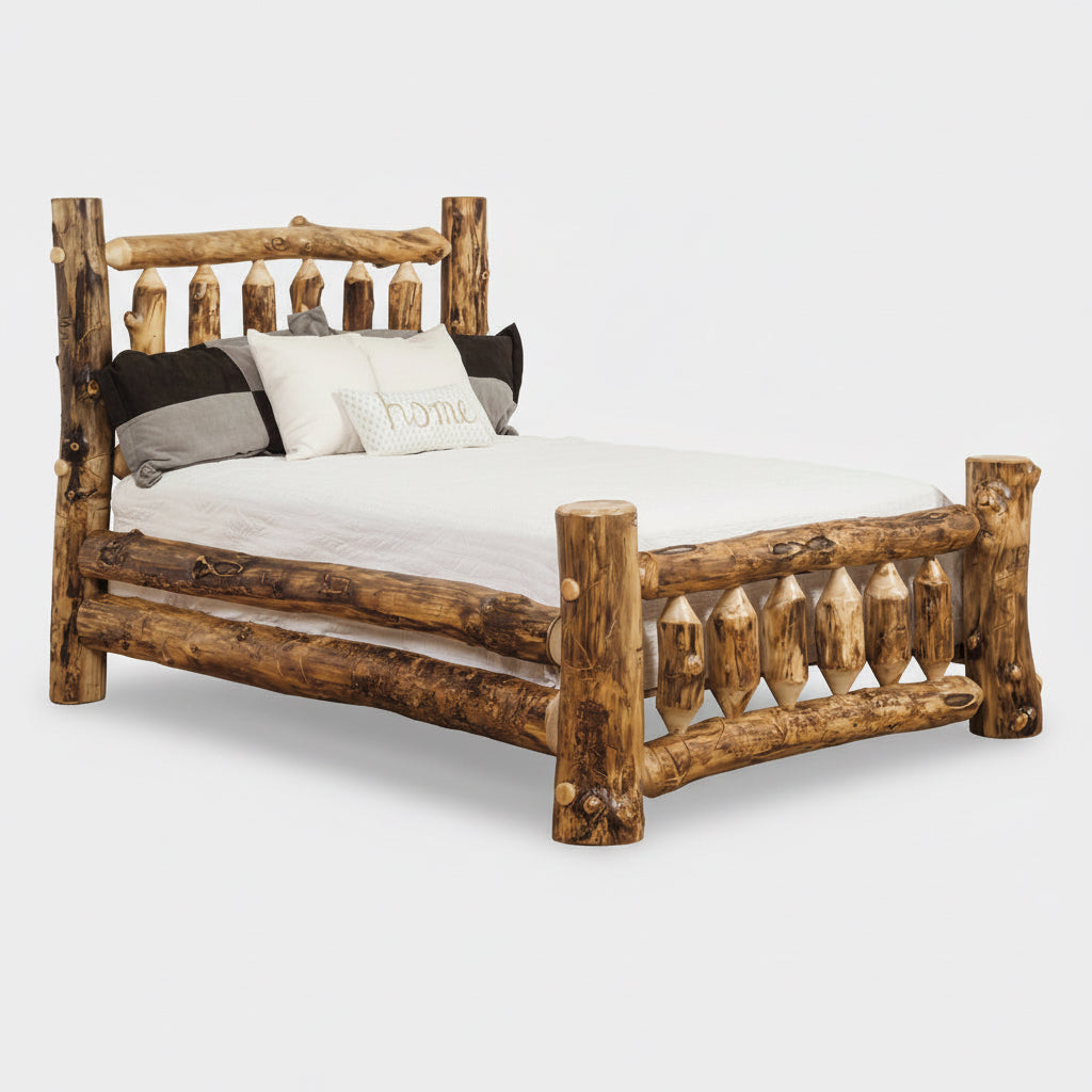 Amish Aspen Log Cabin Style Bed with Thick Solid Log Post American Made