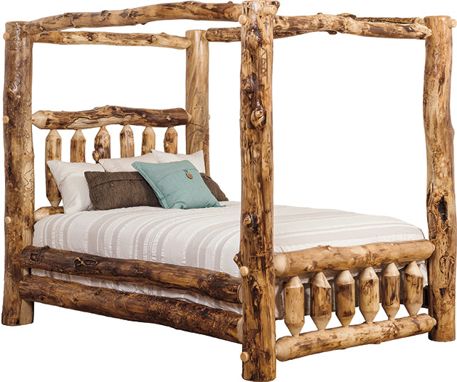 Aspen Log Canopy Bed Natural Colorado Aspen Log Wood Cabin Style Canopy Bed Front Facing