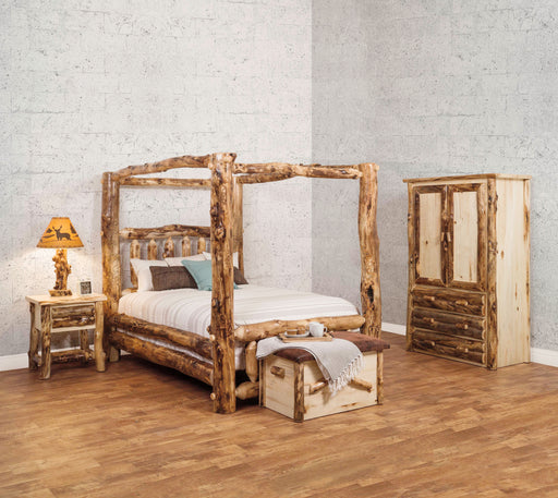 Aspen Log Canopy Bedroom Set with Armoire, Nightstand and Blanket Chest | Natural Colorado Aspen Wood Cabin Style Bedroom Furniture Front Facing