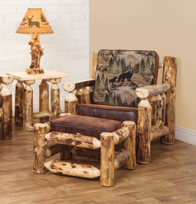 Amish Built Aspen Log Chair, Aspen Log Ottoman, Aspen Log End Table, Aspen Log Table Lamp, Colorado Aspen Log Furniture Front Facing