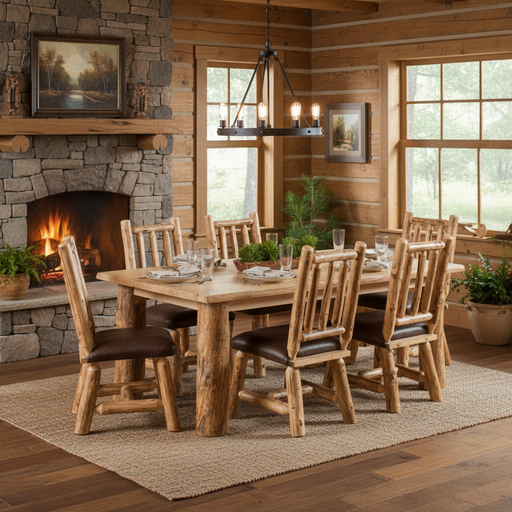 Amish Aspen Log Dining Room Set with Live Edge Aspen Log Table and Aspen Log Dining Chairs with Fabruc Seats