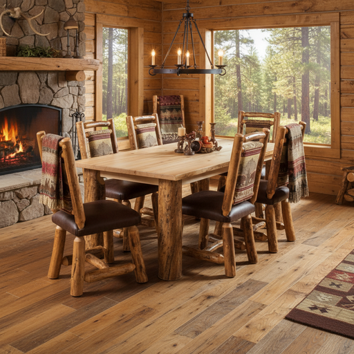 Amish Aspen Log Dining Set with Upholstered Log Dining Chairs Amish Made Bylers Rustic Furniture 
