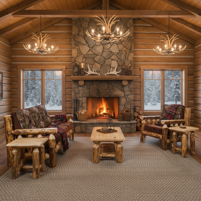 Amish Aspen Log Living Room Set Aspen Log Sofa, Aspen Log Chair, Aspen Log End Tables and Aspen Log Coffee Table