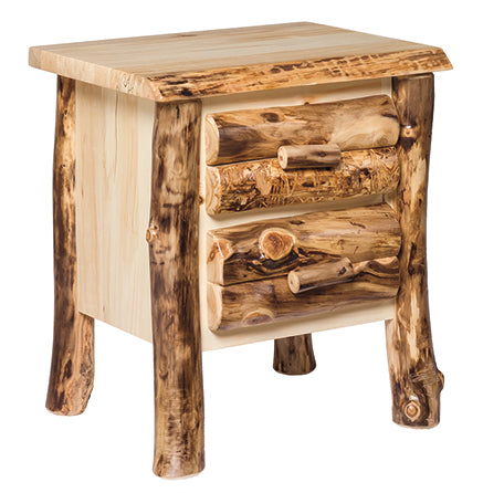 Aspen Log 2 Drawer Nightstand Natural Colorado Aspen Log Wood Cabin Style Nightstand Front Facing