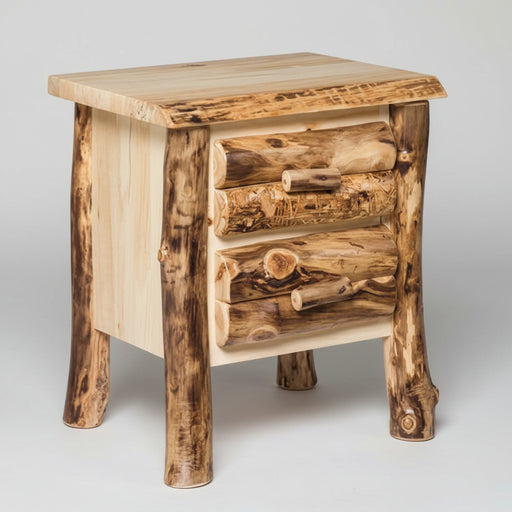 Aspen Log 2 Drawer Nightstand Natural Colorado Aspen Log Wood Cabin Style Nightstand Front Facing
