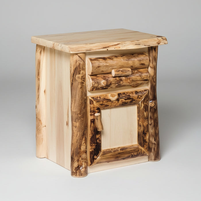 Aspen Log Nightstand with Door Natural Colorado Aspen Log Wood Cabin Style Nightstand Front Facing