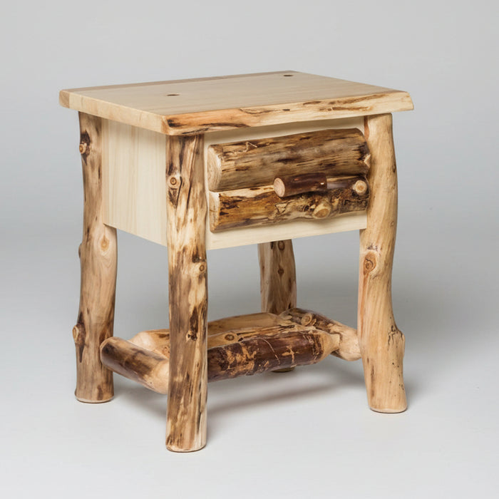 Aspen Log Open Nightstand Natural Colorado Aspen Log Wood Cabin Style Nightstand Front Facing