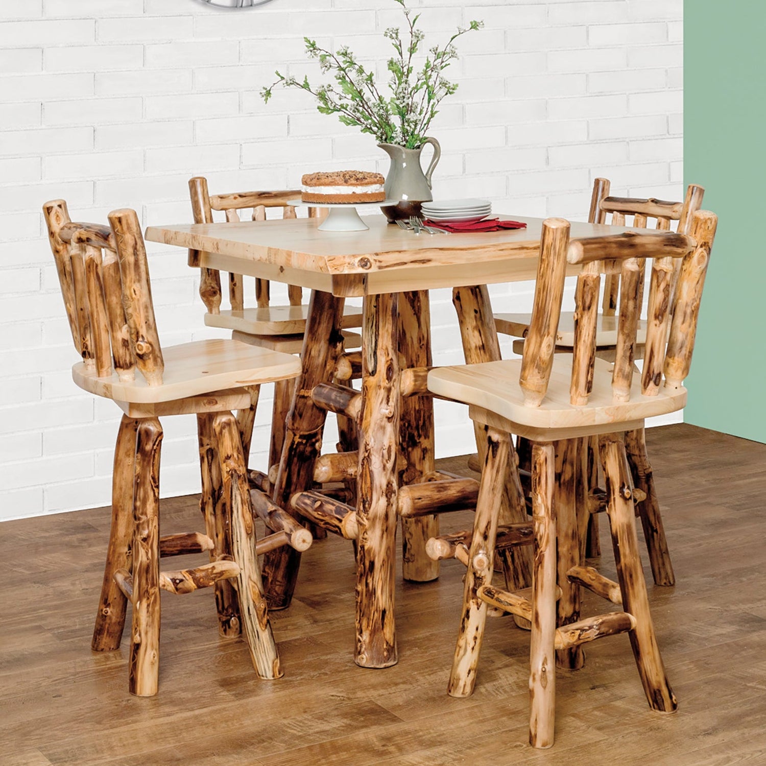 Aspen Log Pub Dining Set Natural Colorado Aspen Log Cabin Pub Table and Chairs Front Facing