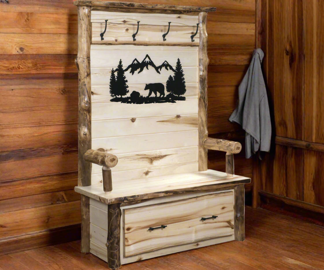Amish Aspen Log Rustic Cabin Hall Seat Cabin Hall Bench with Coat Hooks
