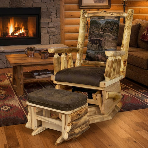 Amish Log Swivel Glider with Straight Back and Matching Gliding Ottoman Solid Colorado Aspen Pine Log Cabin Style Glider Rocker Front Facing