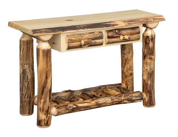 Aspen Log Sofa Table with Drawers Colorado Aspen Log Wood Cabin Hall Table Front Facing