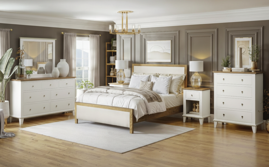 Amish Aubrey Bedroom Set - Fabric Panel Bed - 2-tone Painted White Bedroom Set - Solid Brown Maple & Red Oak