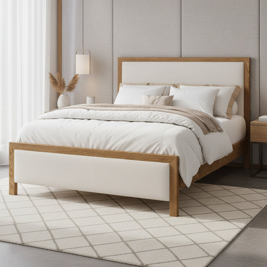 Amish Audrey Bed - Fabric Headboard and Footboard - Solid Oak Wood - Performance Fabric - Solid Amish Fabric Bed