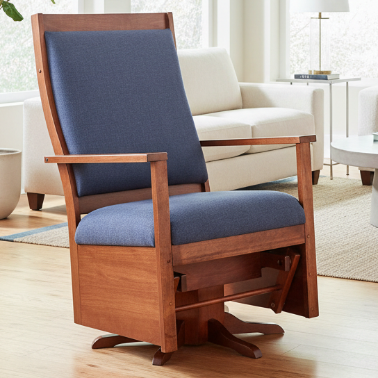Amish Aurora Swivel Glider - Contemporary Amish Glider-  Brown Maple - Blue Fabric #430 - Stonebase Chair Shop - In-Home