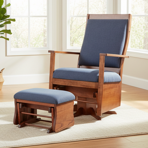 Amish Aurora Swivel Glider - Contemporary Amish Glider-  Brown Maple - Blue Fabric #430 - Stonebase Chair Shop - With Ottoman in home