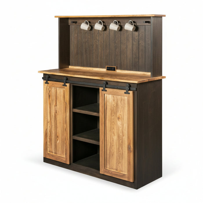 Amish Barn Door Coffee Nook - Rustic Hickory + Maple 2-Tone - Siliding Barn Door - Usb Outlet - Solid Wood - Blank Background