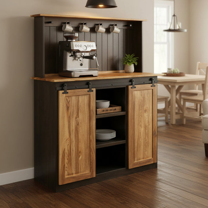 Amish Barn Door Coffee Nook - Rustic Hickory + Maple 2-Tone - Siliding Barn Door - Usb Outlet - Solid Wood