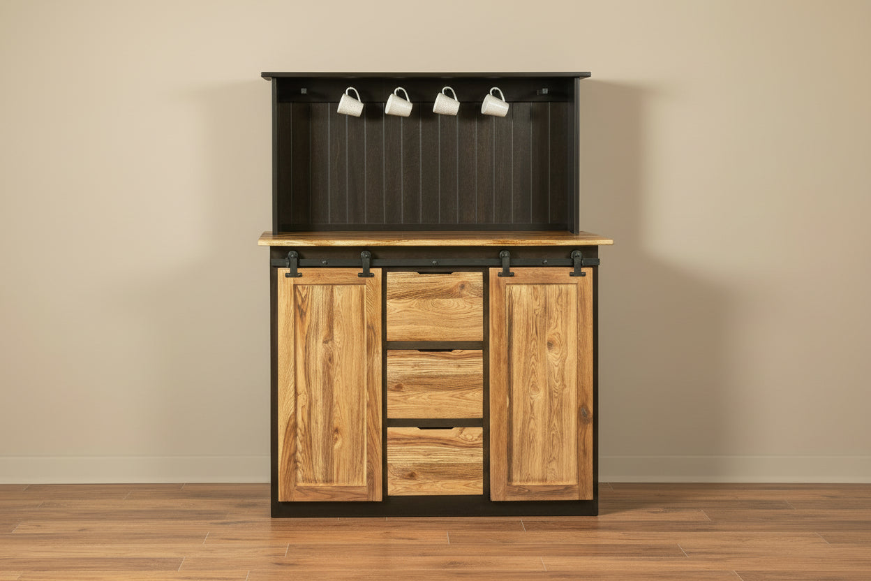 - Sliding Barn Track Doors
- 6 Coffee Mug Hooks
- Tongue &amp; Groove Back
- Standard With USB/Outlet Mount
- 2 Adjustable Shelves Behind Doors
- 3 Drawers on Full Extension Slides