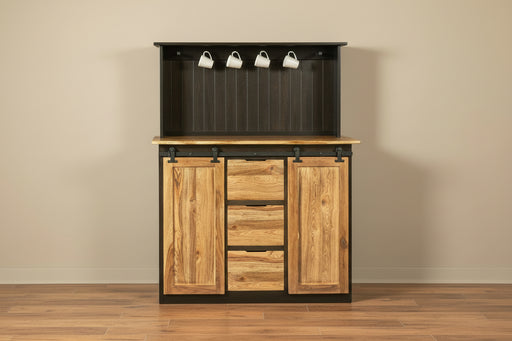 - Sliding Barn Track Doors
- 6 Coffee Mug Hooks
- Tongue &amp; Groove Back
- Standard With USB/Outlet Mount
- 2 Adjustable Shelves Behind Doors
- 3 Drawers on Full Extension Slides