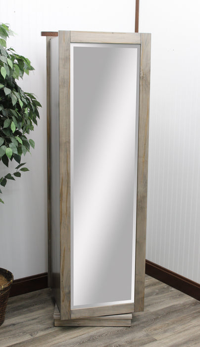 Amish Barn Wood Rotating Jewelry Armoire
16" Lazy Susan in Base Allows 360 Degrees Rotation
8 Velvet-Lined Drawers&nbsp;
Sliding Mirror (Slides To The Right Standard)
Hinged Earring Door
11 Hook Necklace Board
