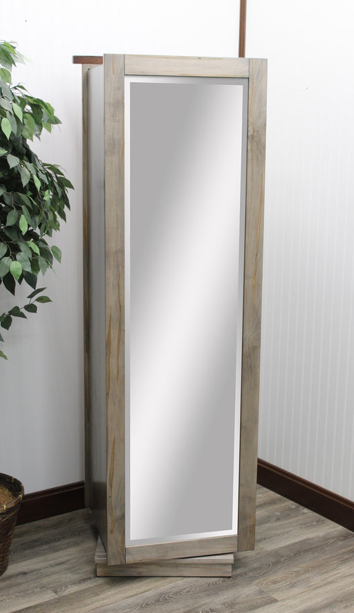 Amish Barn Wood Rotating Jewelry Armoire
16" Lazy Susan in Base Allows 360 Degrees Rotation
8 Velvet-Lined Drawers&nbsp;
Sliding Mirror (Slides To The Right Standard)
Hinged Earring Door
11 Hook Necklace Board