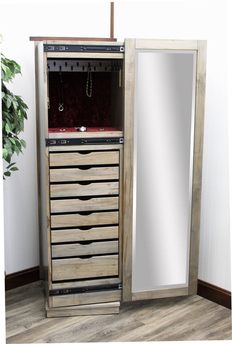 Amish Barn Wood Rotating Jewelry Armoire
16" Lazy Susan in Base Allows 360 Degrees Rotation
8 Velvet-Lined Drawers&nbsp;
Sliding Mirror (Slides To The Right Standard)
Hinged Earring Door
11 Hook Necklace Board