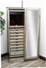 Amish Barn Wood Rotating Jewelry Armoire
16" Lazy Susan in Base Allows 360 Degrees Rotation
8 Velvet-Lined Drawers&nbsp;
Sliding Mirror (Slides To The Right Standard)
Hinged Earring Door
11 Hook Necklace Board