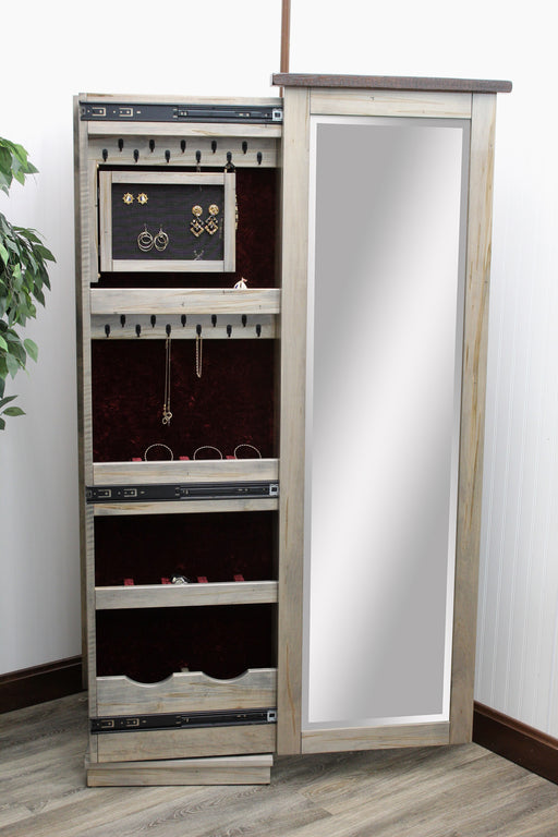 Amish Barn Wood Rotating Jewelry Armoire
16" Lazy Susan in Base Allows 360 Degrees Rotation
8 Velvet-Lined Drawers&nbsp;
Sliding Mirror (Slides To The Right Standard)
Hinged Earring Door
11 Hook Necklace Board